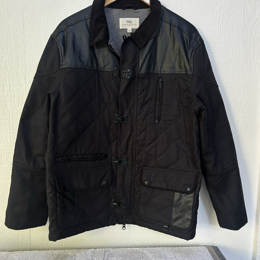 WRK Cotton Quilted Jacket Mens L Black Zip & Hook Closure Lined Field Chore Coat
